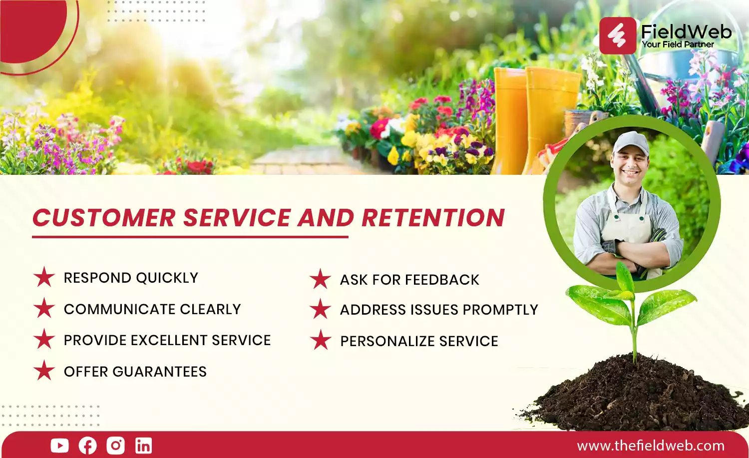 image is displaying several pointers of customer service and retention for lawn and gardening services
